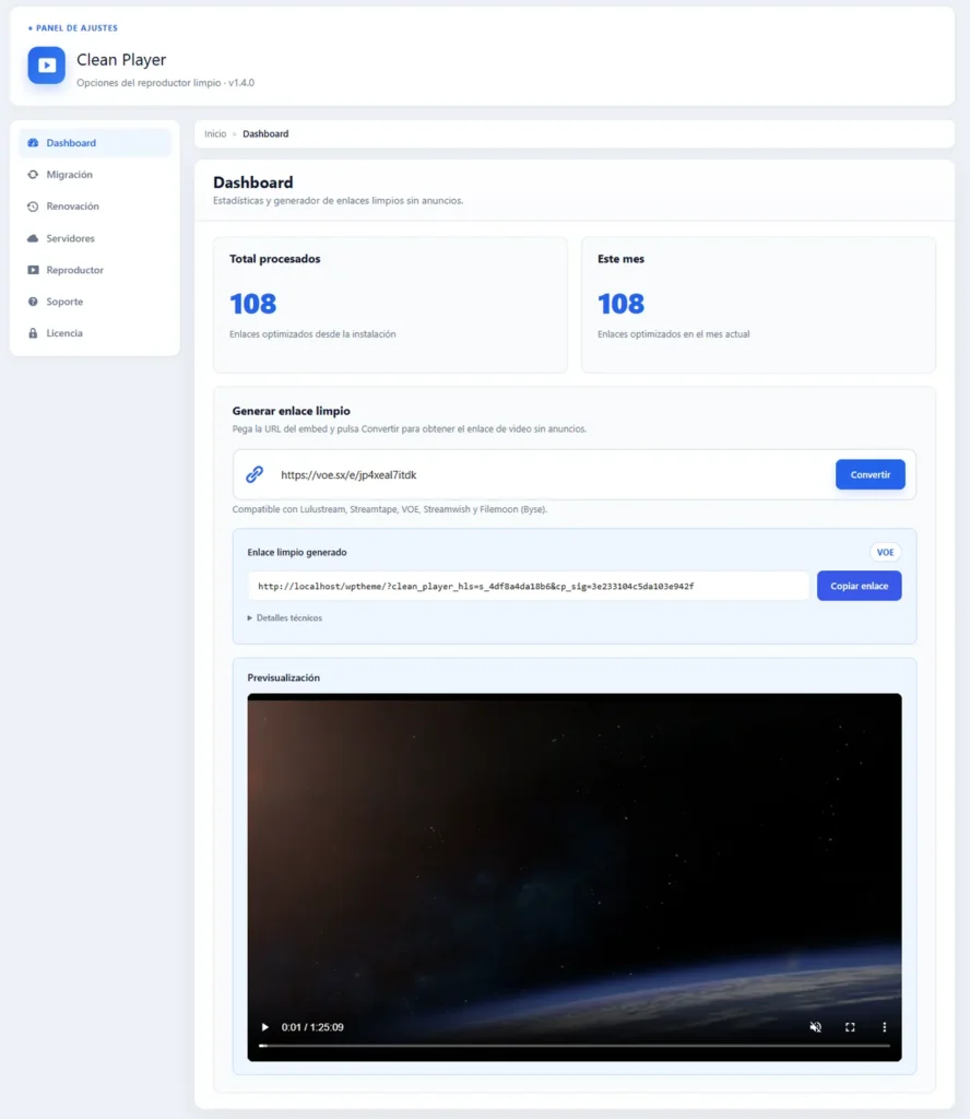 Clean Player – Plugin WordPress para Eliminar publicidad de los enlaces de video